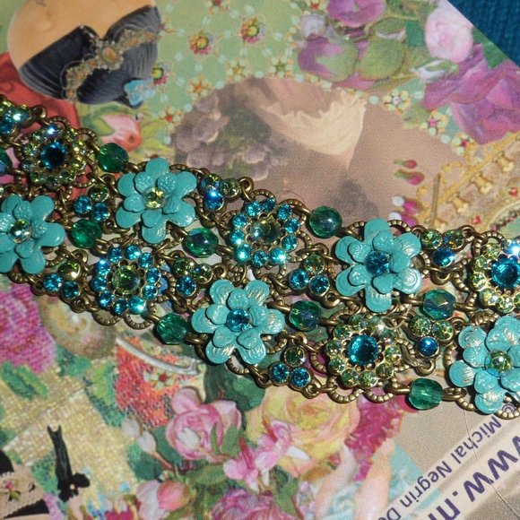 Michal Negrin bracelet- turquoise painted flowers and icy Swarovski crystals - Picture 1 of 8